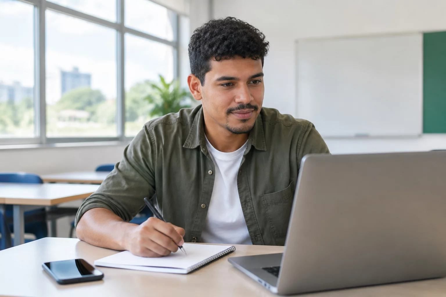 Estudante falando para a lente da câmera